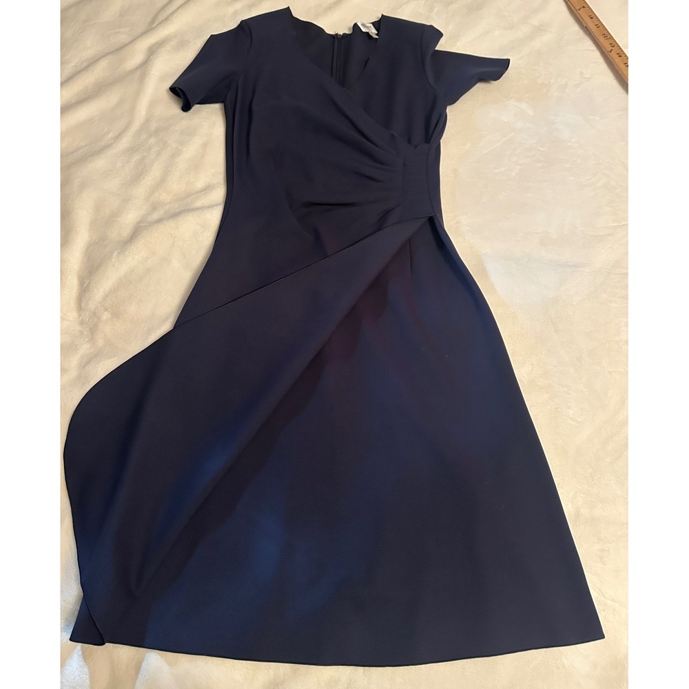 Armani Collezioni Navy Blue Faux Wrap Ruched Sheath Dress Made in Italy 4 Luxe - Picture 5 of 16